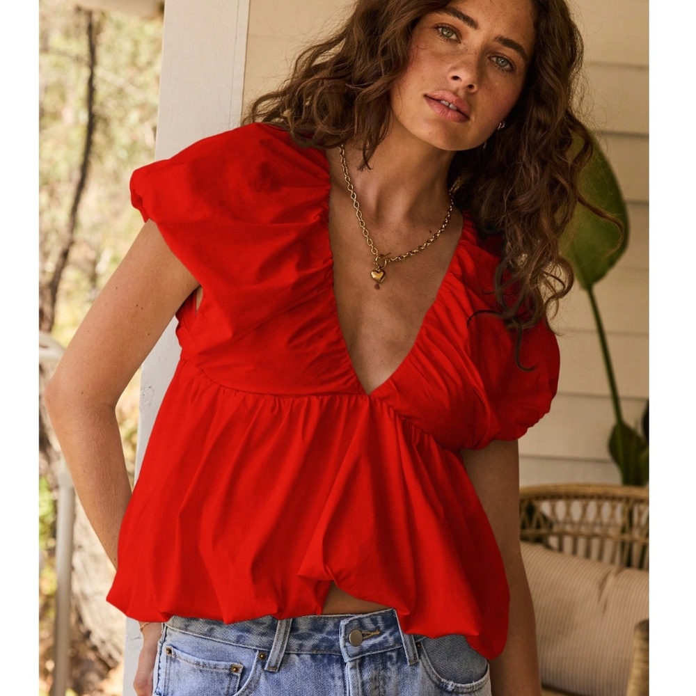Red Puff Top V-Neck Short Sleeve Tie Back Babydoll Style